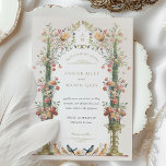 Classic Enchanted Garden Wedding Invitation<br><div class="desc">This wedding invitation is a romantic canvas painted with the soft tones of an English garden. Carnation pink, coral, and ivory blooms cascade down ornate golden urns, symbolizing the growth and blossoming of love. The floral archway, adorned with delicate greenery, frames the couple's initials in a traditional Victorian style, creating...</div>