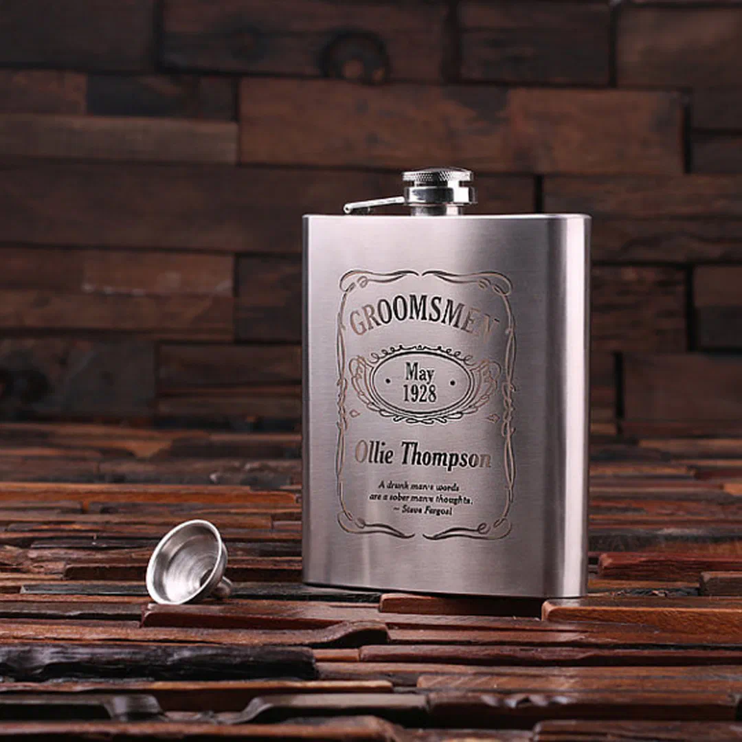 Classic Engraved 18 oz. Stainless Steel Hip Flask (Front)