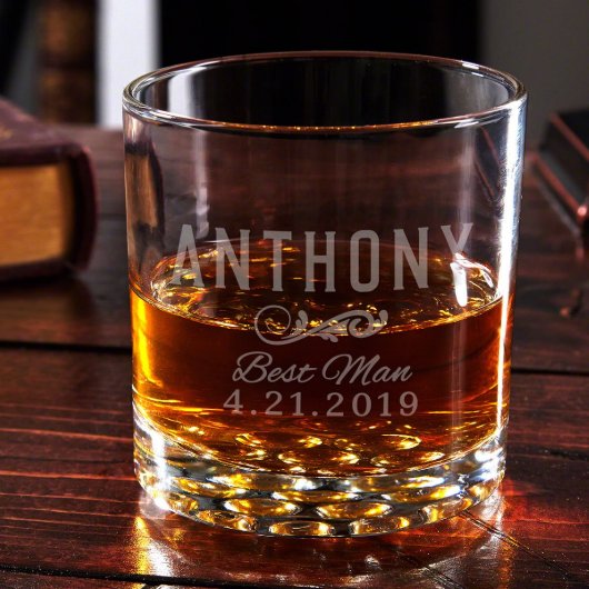 Classic Engraved Wedding Party Rocks Whiskey Glass (Front)