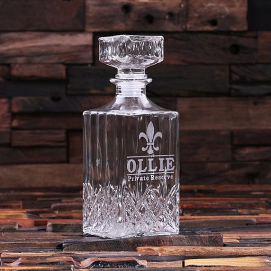 Classic Etched Fleur De Lis Square Glass Decanter (Front)