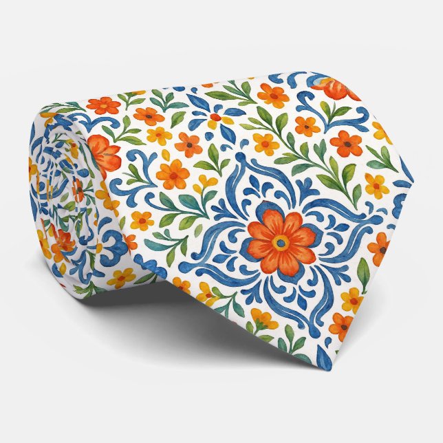 Classic Ethnic Mediterranean Floral Art Pattern Neck Tie (Rolled)