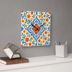 Classic Ethnic Mediterranean Floral Art Pattern Square Wall Clock