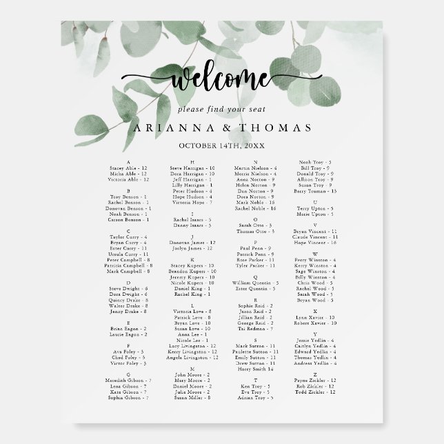 Classic Eucalyptus Alphabetical Seating Chart Foam Board (Front)