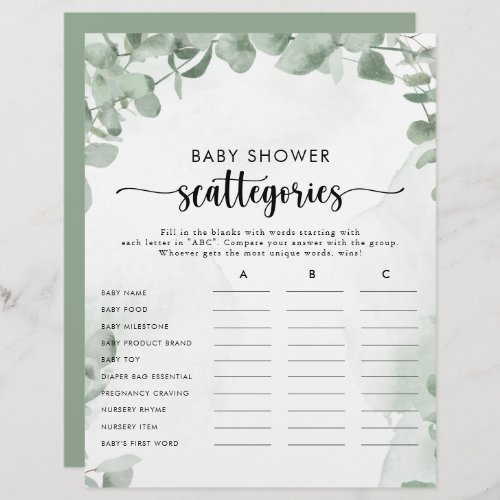 Classic Eucalyptus Baby Shower Scattegories Game 