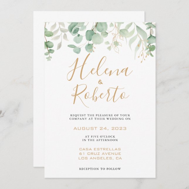Classic Eucalyptus Gold Leaf Formal Wedding   Invitation (Front/Back)