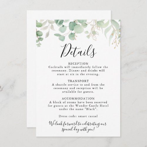 Classic Eucalyptus Gold Leaf Wedding Details  Enclosure Card