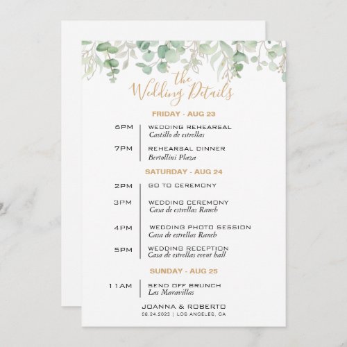 Classic Eucalyptus Leaf Wedding Itinerary Card