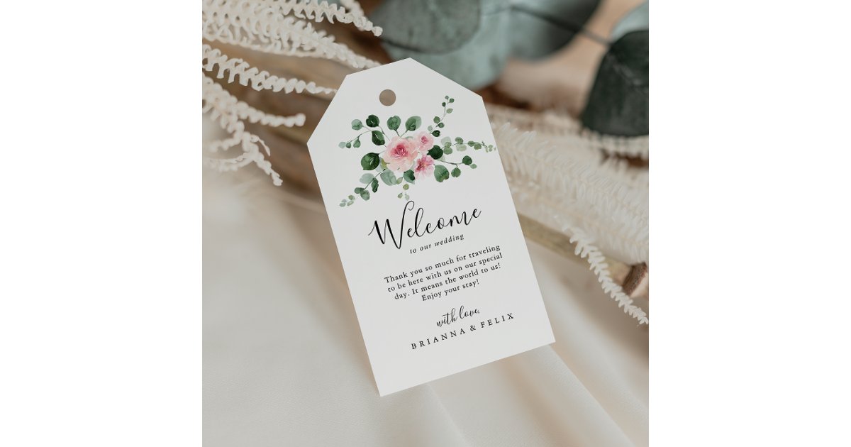 Classic Eucalyptus Pink Floral Wedding Welcome Gift Tags | Zazzle