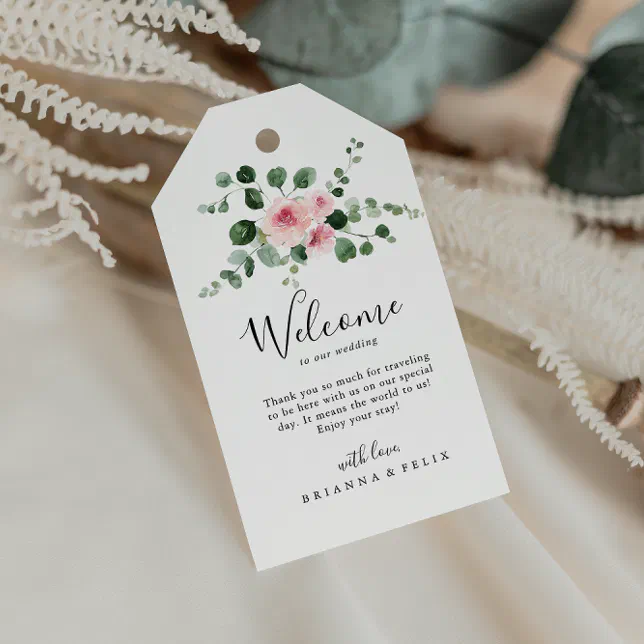 Classic Eucalyptus Pink Floral Wedding Welcome Gift Tags | Zazzle
