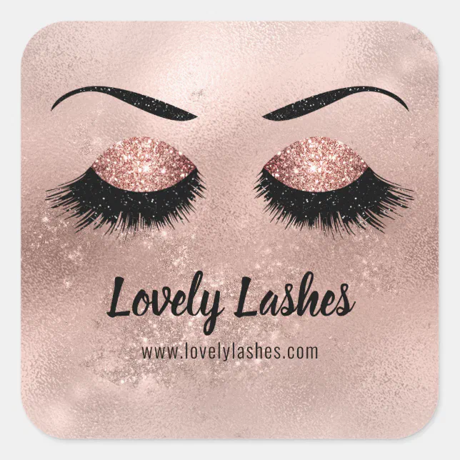 Classic Eye Lashes Rose Gold Sparkle Glitter Logo Square Sticker | Zazzle