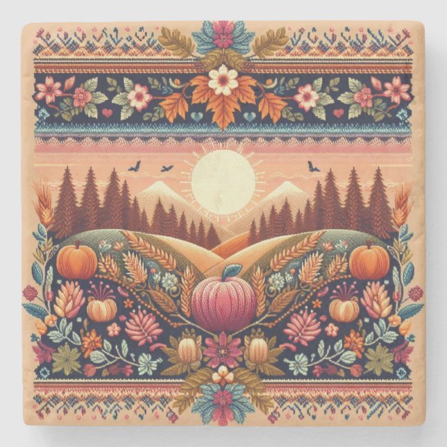 Classic Fair Isle Fall/Autumn Stone Coaster (Front)