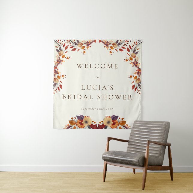Classic Fall Dry Wildflower Bridal Shower Welcome Tapestry (In Situ)