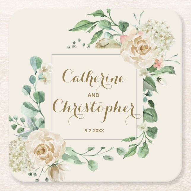 Classic Fall Winter Boho Floral Wedding   Square Paper Coaster (Front)