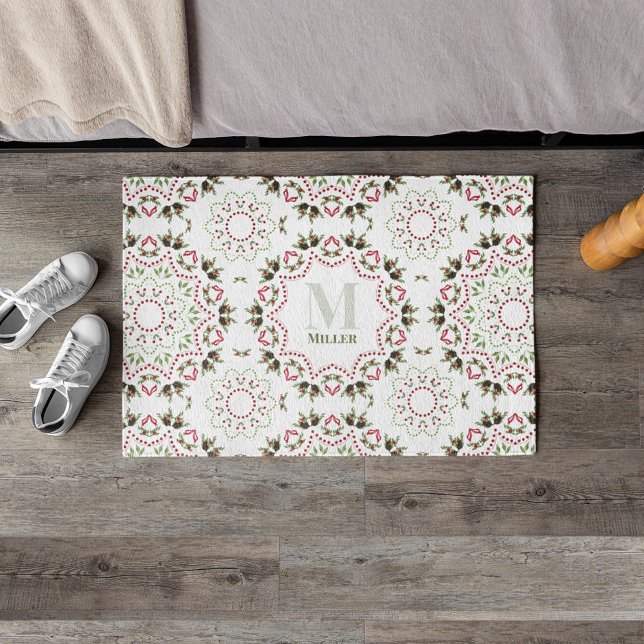 Classic Family Monogram Christmas Custom Doormat (Christmas holiday classic Mandala monogram red and green custom doormat.)