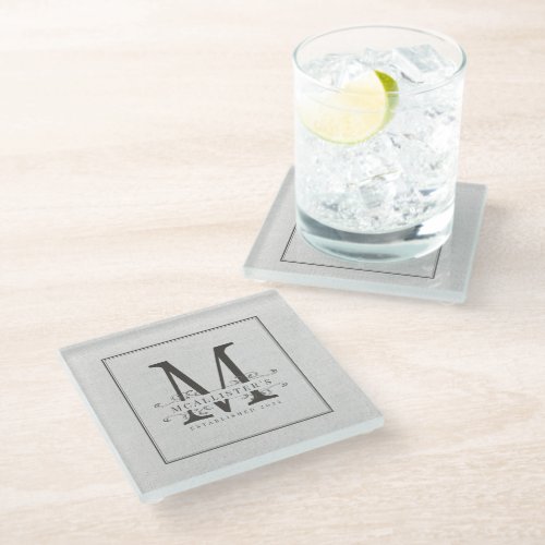 Classic Family Monogram Establish Year Elegant  Glass Coaster