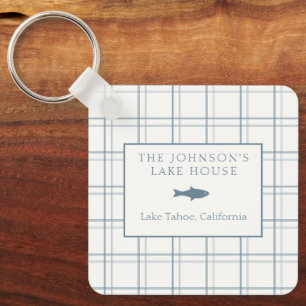 Classic Family Name Plaid Lake House Dusty Blue Keychain