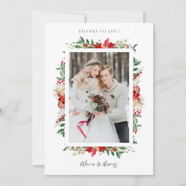 Classic Fancy Christmas Poinsettias Frame Photo Thank You Card (Front)