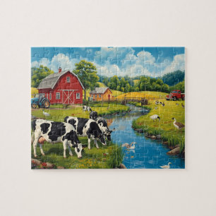 Classic Farm Scene Cows Red Barn Jigsaw Puzzle