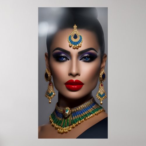 Classic Fashion black gold green blue gems woman Poster