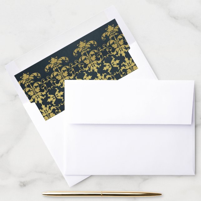 CLASSIC FAUX GOLD BLACK DAMASK FLORAL PATTERN ENVELOPE LINER (Desk)