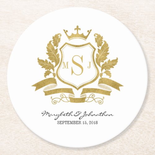 Classic Faux Gold Crest Wedding Paper Coaster