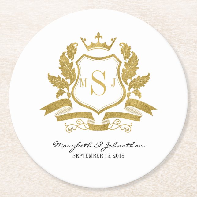 Classic Faux Gold Crest Wedding Paper Coaster (Front)