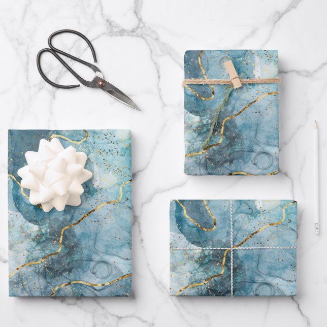 Classic Faux Marble Blue/Gold Wrapping Paper Sheets (Front)
