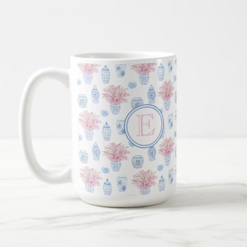 Classic Feminine Pink And Blue Ginger Jar Monogram Coffee Mug - Elegant and pretty blue and pink watercolor pattern shown here on a mug design and to include a single letter monogram. Ginger jars / Sakura stems pattern, originally handpainted in watercolor by yours truly, then scanned into digital form and turned into a repeating pattern.