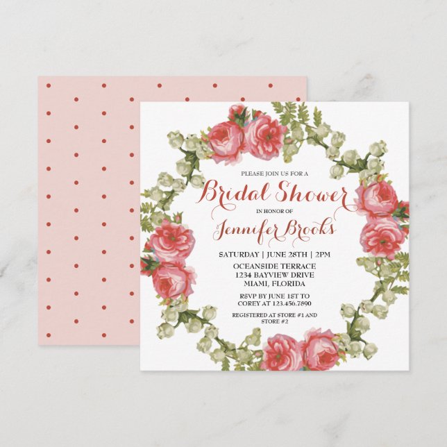 Classic Feminine Red Rose Wreath Bridal Shower Invitation (Front/Back)
