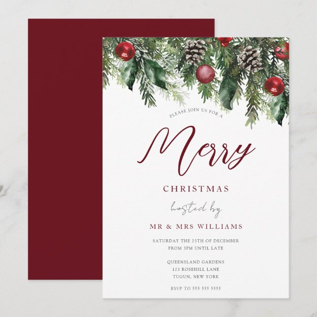 Classic Festive Burgundy Red Christmas Party Invitation (Front/Back)