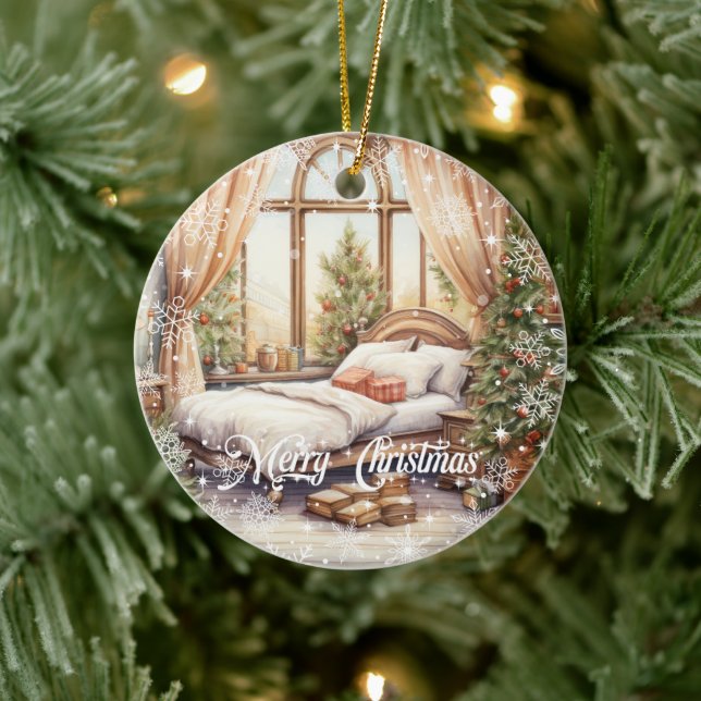 Classic festive cozy Christmas interior room Ceramic Ornament (Tree)