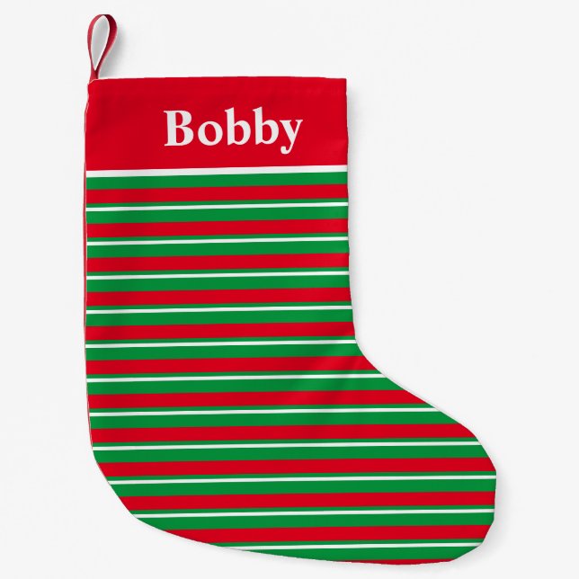 Classic Festive Custom Name Holiday Stripes  Small Christmas Stocking (Front)