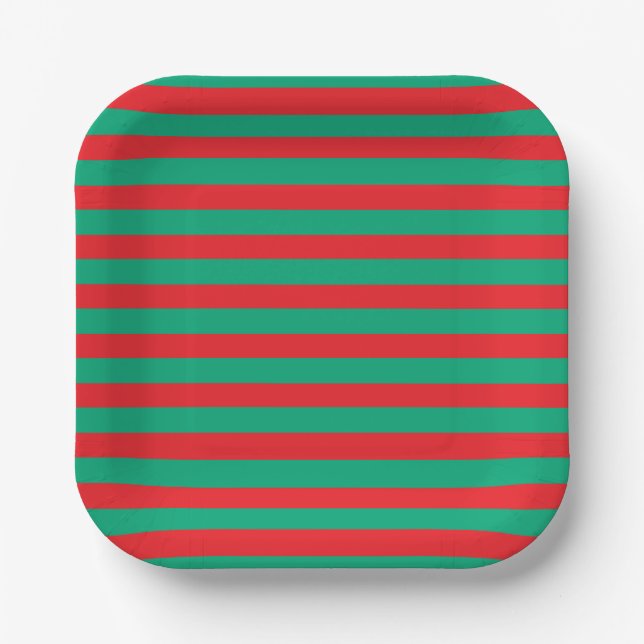 Classic Festive Holiday Red and Green Striped  Paper Plates (Front)
