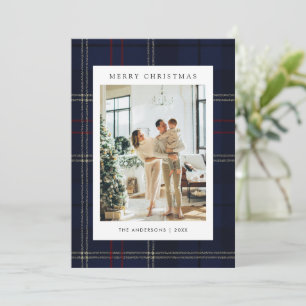Classic Festive Navy Plaid 5 Photo Christmas Holiday Card