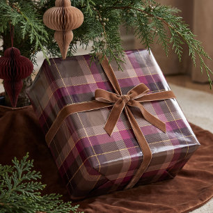 Classic Festive Plum Brown Christmas Tartan Plaid Wrapping Paper