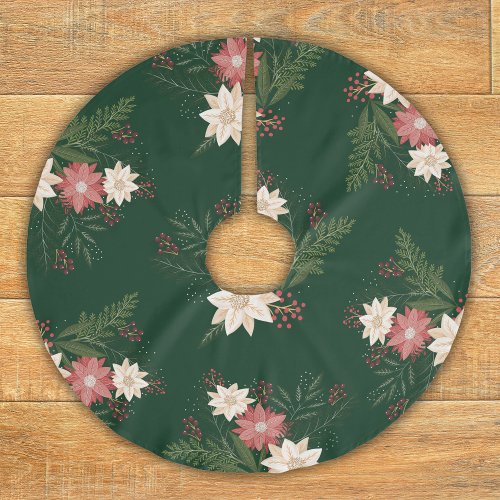 Classic Festive Poinsettia Green Holiday Brushed Polyester Tree Skirt