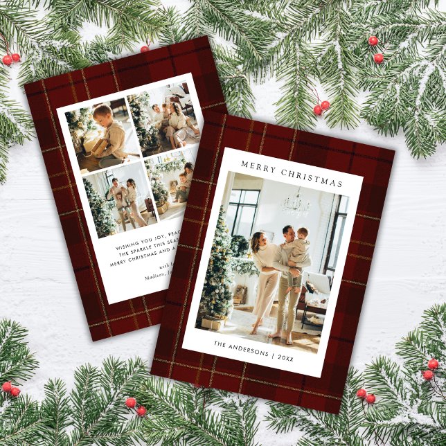 Classic Festive Red Plaid 5 Photo Christmas Holiday Card (Creator Uploaded)