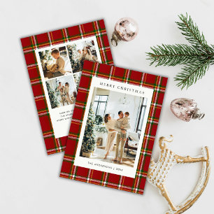 Classic Festive Red Plaid 5 Photo Christmas Holiday Card