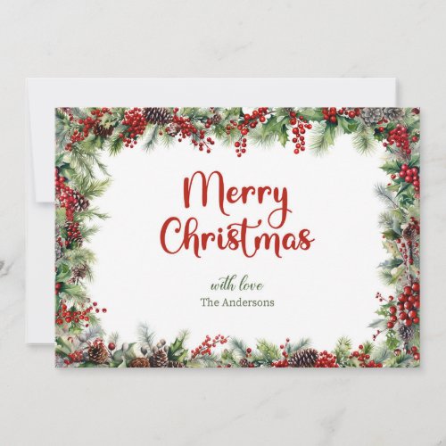 Classic festive watercolor greenery with holly holiday card