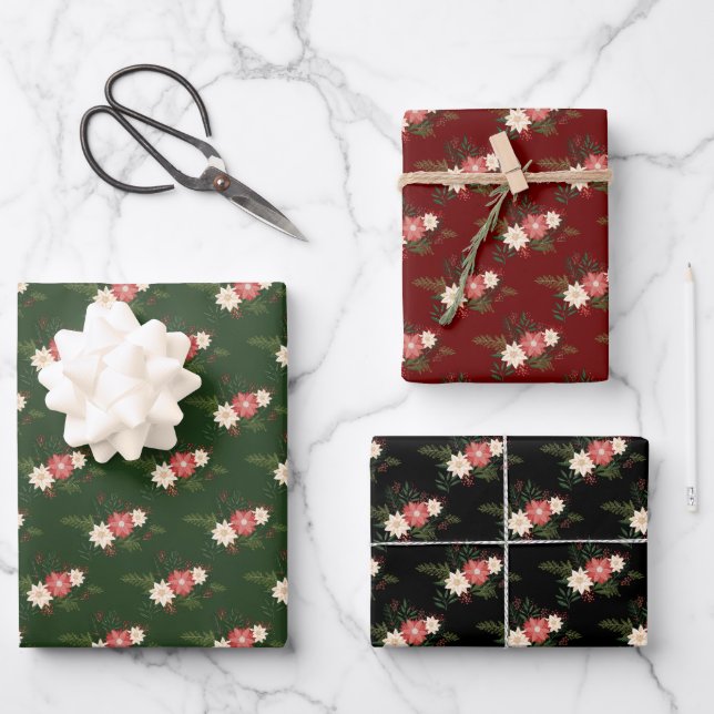 Classic Festive Winter Floral Holiday Wrapping Paper Sheets (Front)