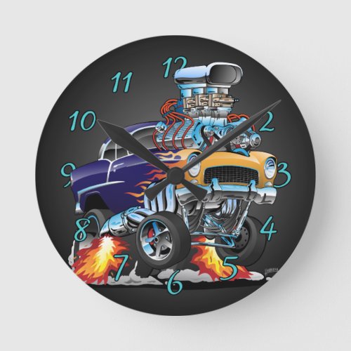 Classic Fifties Hot Rod Muscle Car Cartoon Round Clock