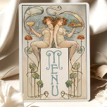 Classic Figurative Art Nouveau Wedding Menu Card<br><div class="desc">This exquisite Art Nouveau-inspired wedding menu card brings a touch of vintage elegance to any event. The front features an illustration of two graceful, classically styled figures holding a feast and a glass, symbolizing abundance and celebration. Delicate lines and floral motifs in soft shades of teal, peach, and cream frame...</div>