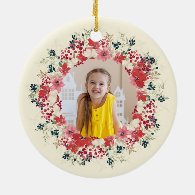 classic first christmas botanical 2 photo ceramic ornament (Back)