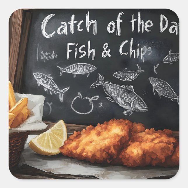 Classic Fish and Chips and Blackboard Illustration Square Sticker (Front)