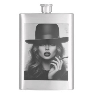 Classic Flask with AI design of woman with bowler 