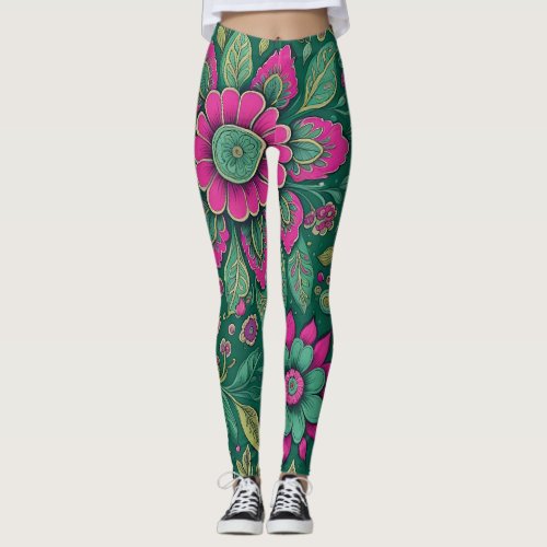 Classic Floral Art Pink  Green Vintage Style  Leggings
