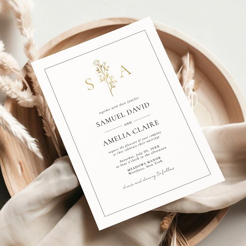 Classic Floral Black And White Modern Wedding Foil Invitation