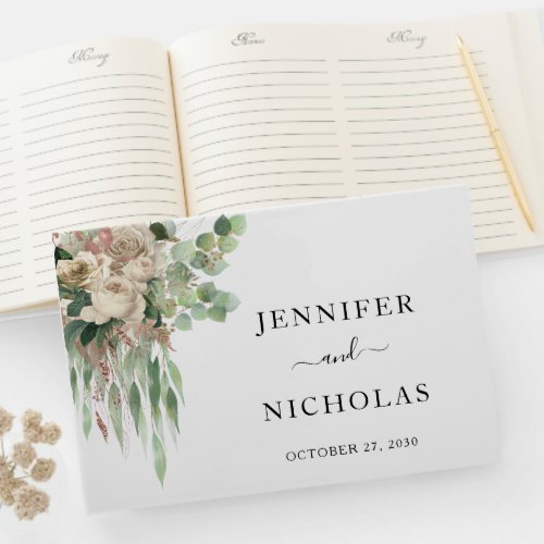 Classic Floral Black And White Peonies Wedding Guest Book