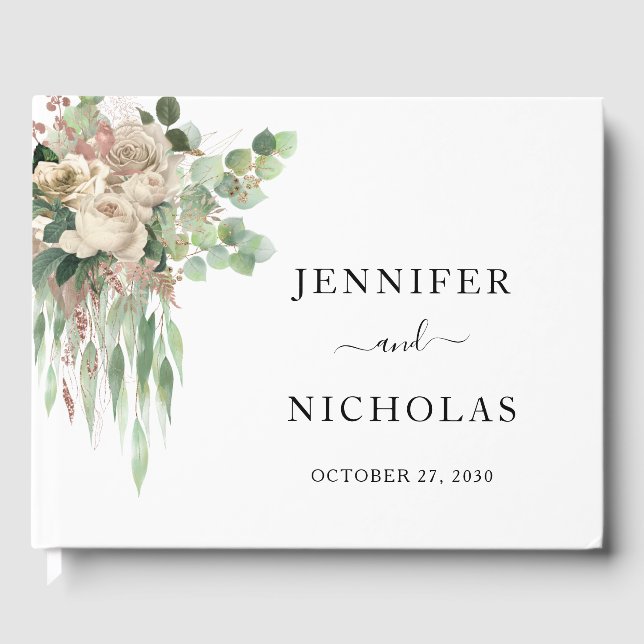 Classic Floral Black And White Peonies Wedding Guest Book (Front)