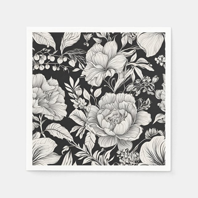 Classic Floral Black and White Vintage Napkins (Front)